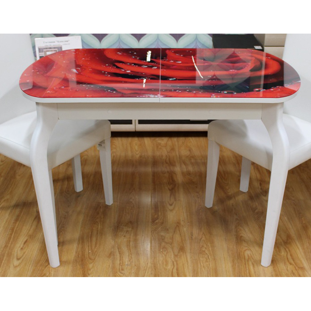Стол с фотопечатью красная роза и белыми деревянными ножками 110х70 см. (арт. М4575)