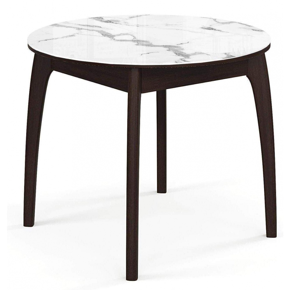 Обеденный стол круглый раздвижной 90 см. белый мрамор, опоры черные (арт. М4594)