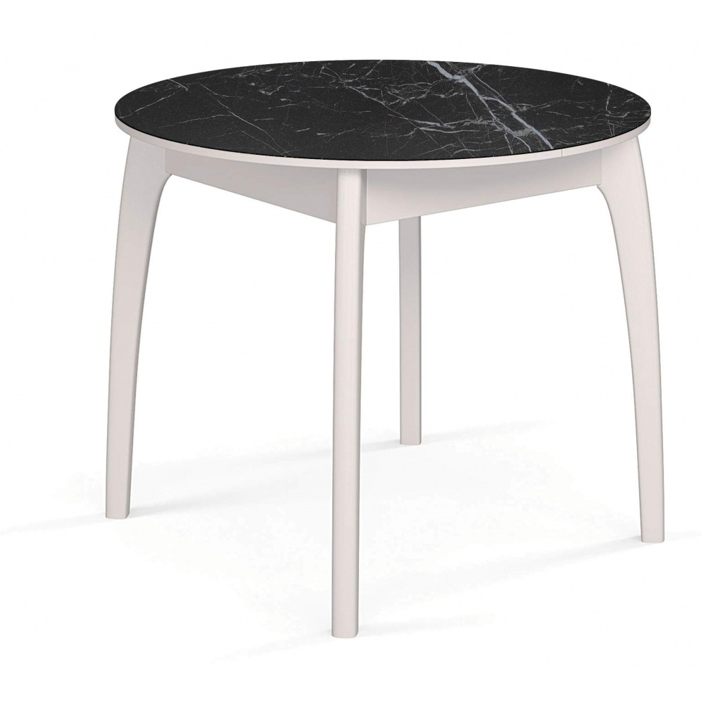 Стеклянный круглый раздвижной стол, с черным стеклом и белыми деревянными ножками (арт. М4597)