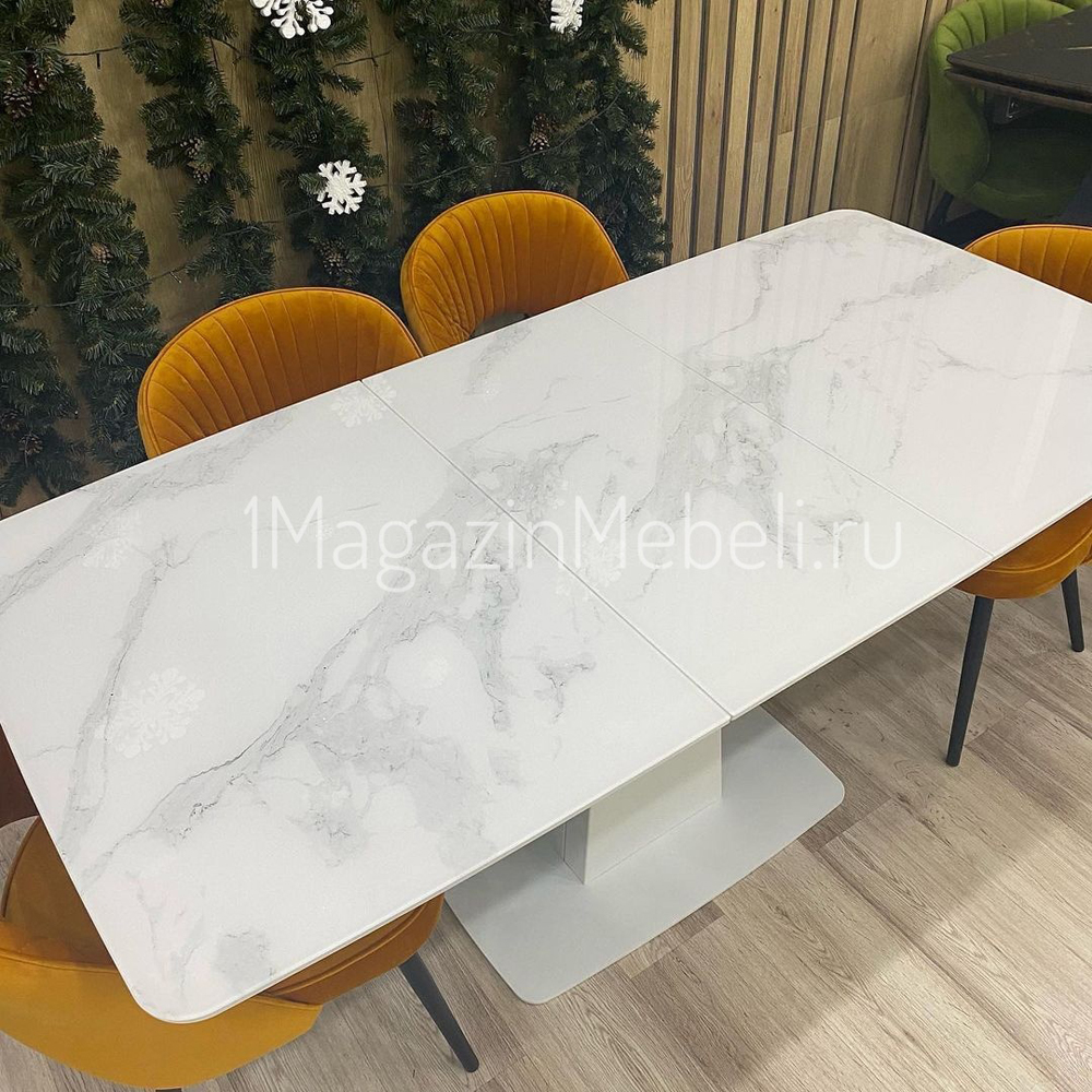 Современный стеклянный стол на одной ножке под белый мрамор 120х80 см. (арт. М4591)