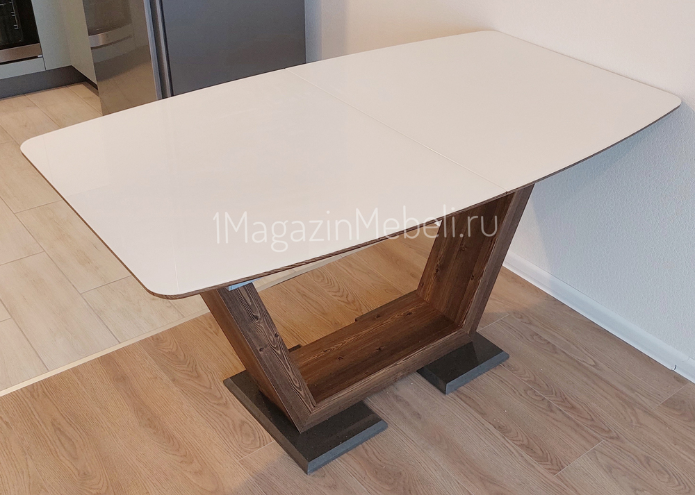 Обеденный стол стекло белое, ножка орех кантри 140(180)х80 см. (арт. М4584)