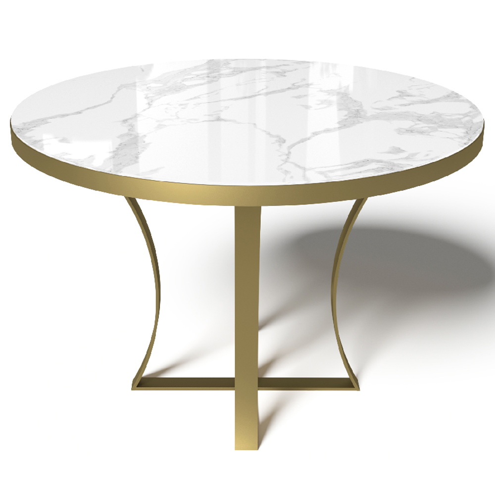 Круглый стеклянный стол с золотыми ножками 110 см. белый мрамор (арт. М4577)