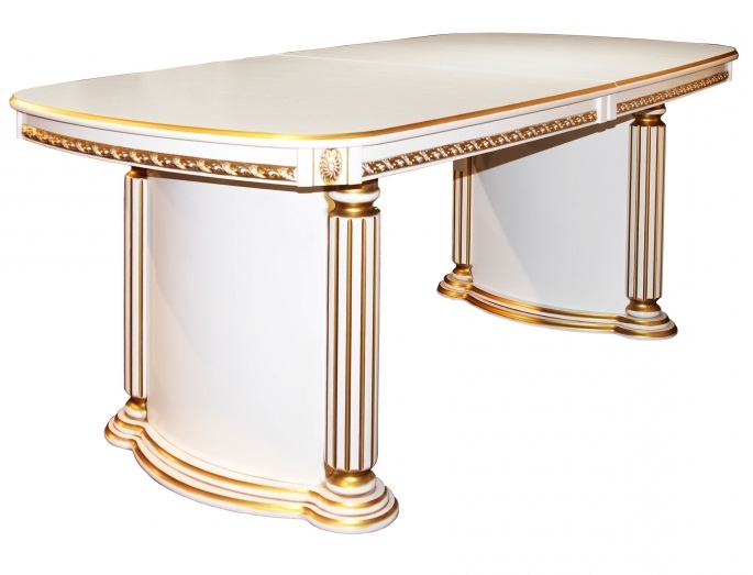 Большой белый стол классика с золотой патиной, длина 2 метра, раздвижной 260 см.,  (арт. М4344)